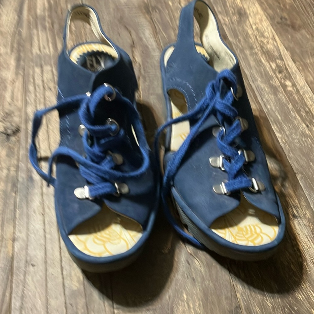 FLY London Ylfa Blue Lace Up Wedge Sandal Shoes 40 US 9